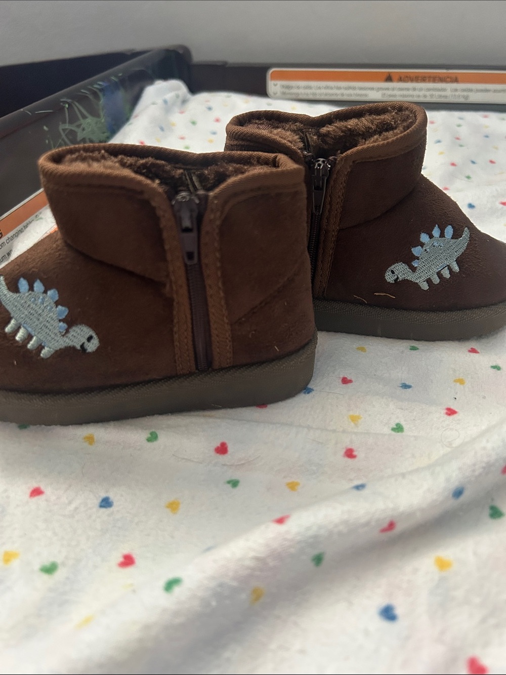 Brown Dino Embroidered Kids Booties - Cozy Slip-On Boots - Picture 3 of 7